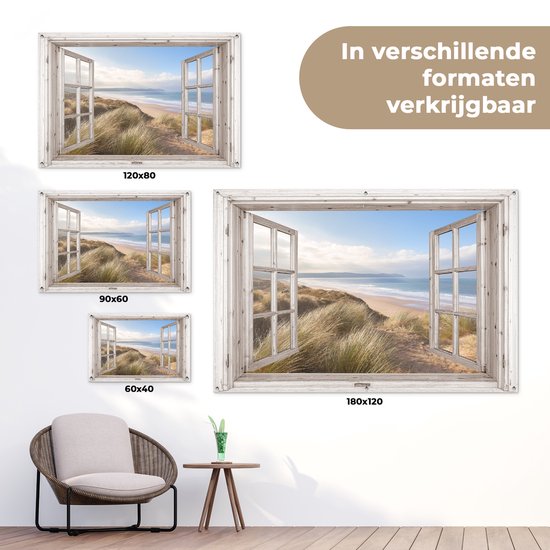 Tuinposter doorkijk raam - Tuindecoratie strand en zee - 120x80 cm - Tuinschilderij voor buiten natuur - Tuindoek duinen - Wanddecoratie tuin - Schuttingdoek - Balkon decoratie - Muurdecoratie - Buitenposter