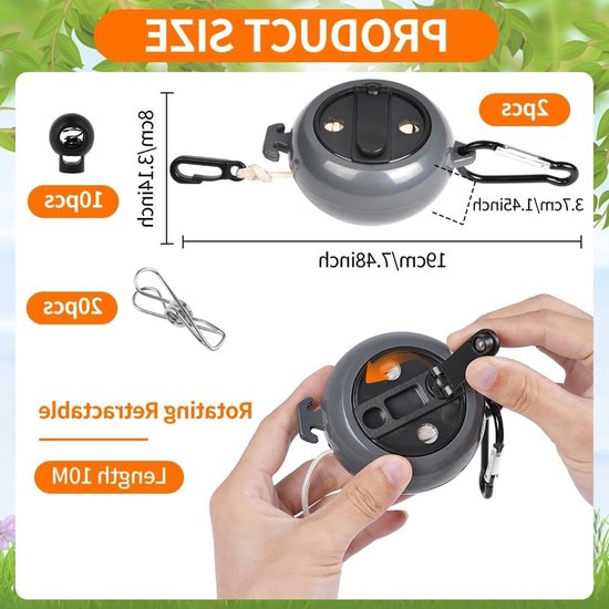 Retractable Reel Kledinglijn 10m - Draagbare, Inklapbare Kledinglijn met 10 Verstelbare Haken en 20 Wasknijpers voor Binnen en Buiten Gebruik tijdens Kamperen en Reizen van Merkloos — afbeelding 5