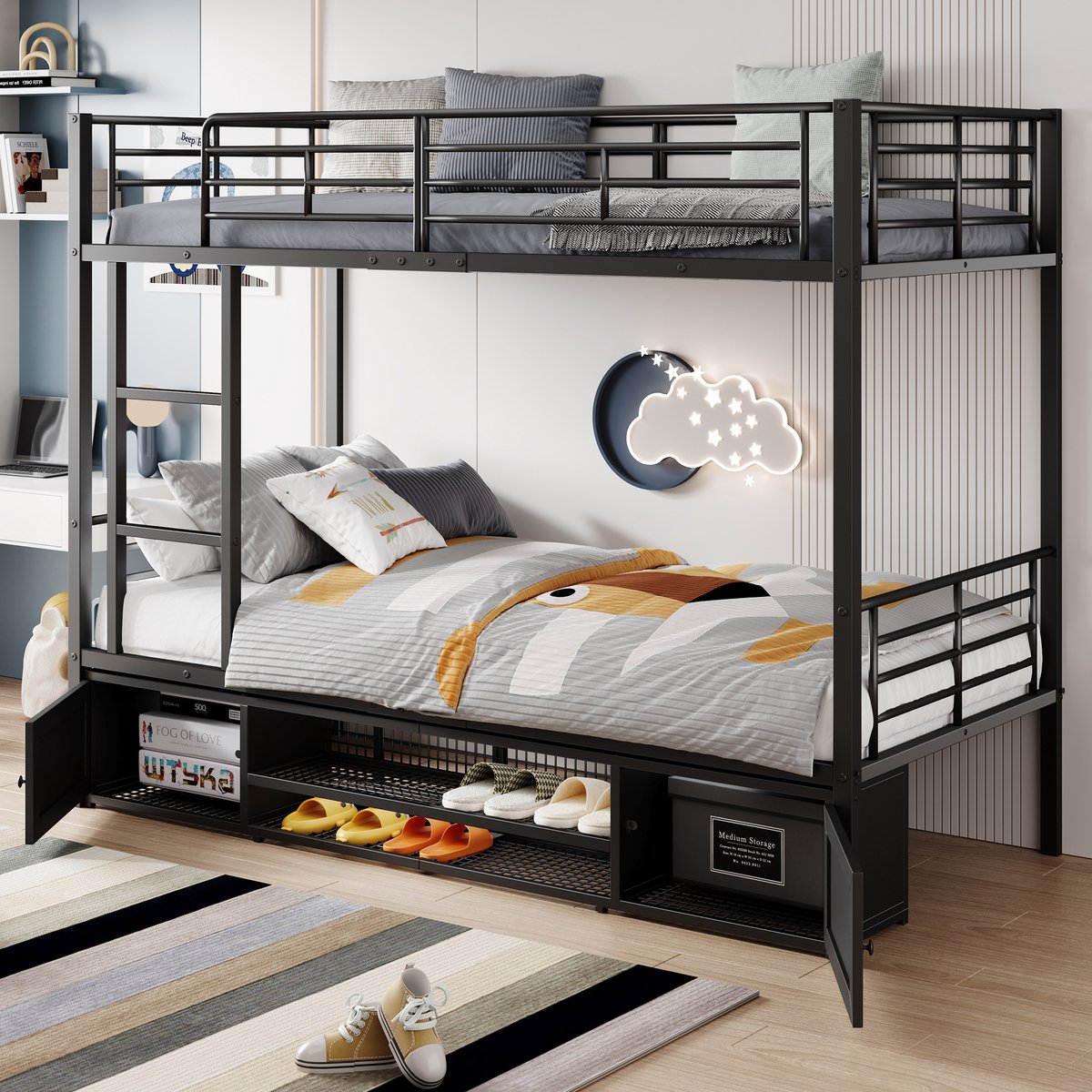 MODFU Stapelbed met Zijladder – 90x200 cm – Opbergruimte & Schoenenrek – EN747 Getest – Metaal – Zwart