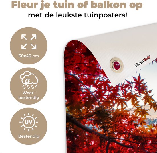 Décoration de jardin Mont Fuji vu à travers les feuilles rouges au Japon - 60x40 cm - Poster jardin - Toile jardin - Poster extérieur