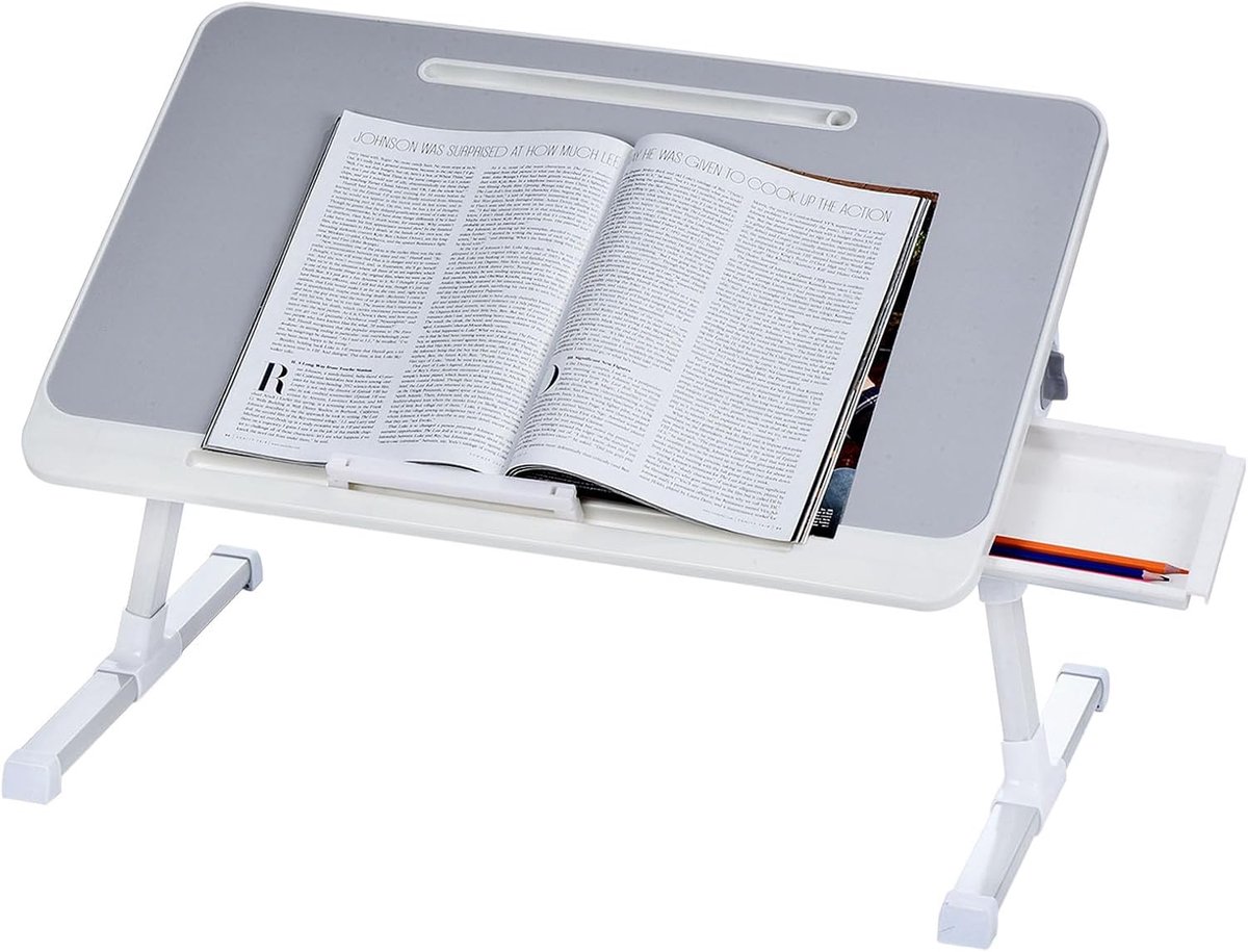 Laptop Bed Drawer Tafel - 23.6" x 15.6" - Opklapbare Bureau met Opberglade - Verstelbare Bed Bureau voor Laptop, Werken, Eten, Schrijven, Spelen, Tekenen - Grijs