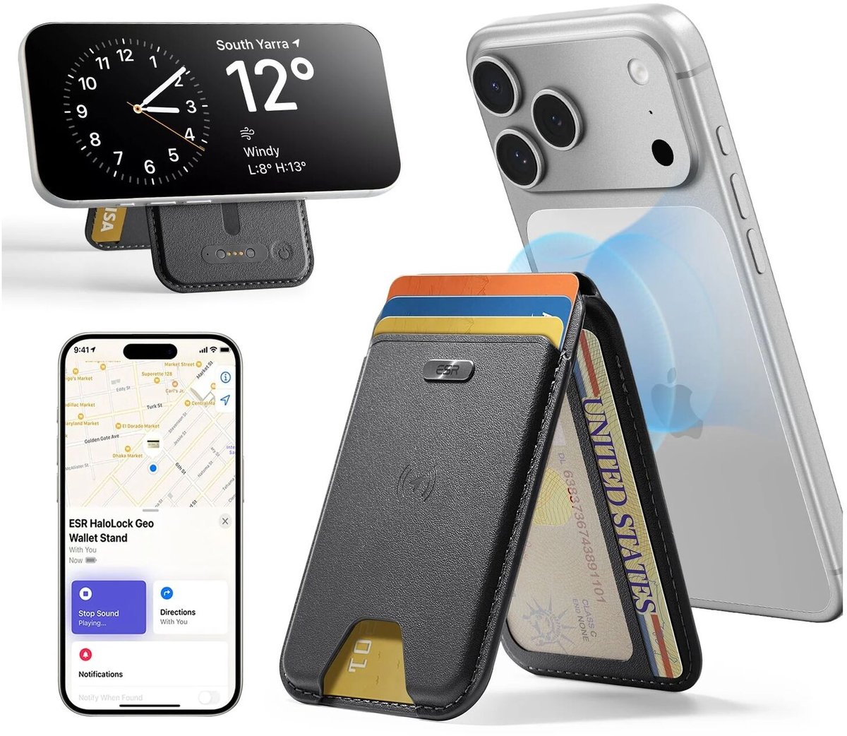 ESR Classic Geo Wallet met Standaard | Pasjeshouder voor 5 pasjes | Compatibel met MagSafe en met Zoek Mijn-App | Zwart