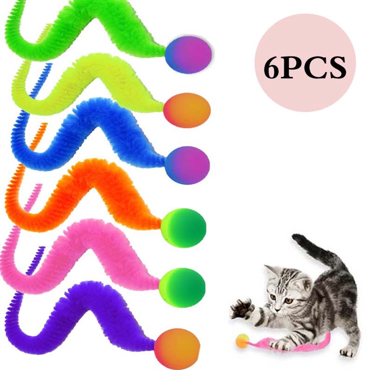 6 stuks Katten speelballen - Stuiterbal met staart - Interactief kattenspeelgoed - Verlicht de verveling van je kat thuis
