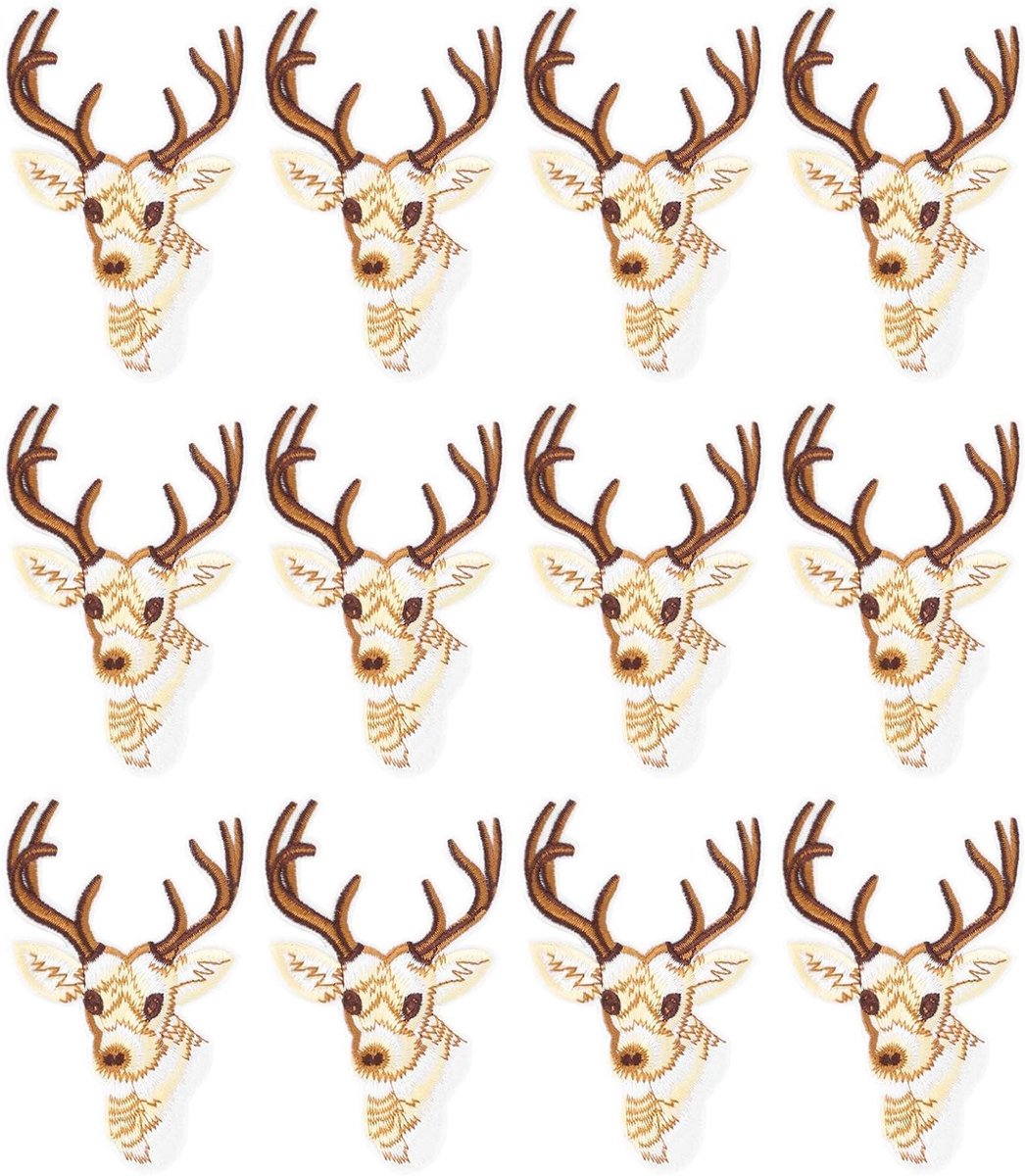 12 Stuks Borduurstof Stickers, Hertenhoofd Naaiijzer Patches voor Kleding, Jeans, Jassen en Tassen