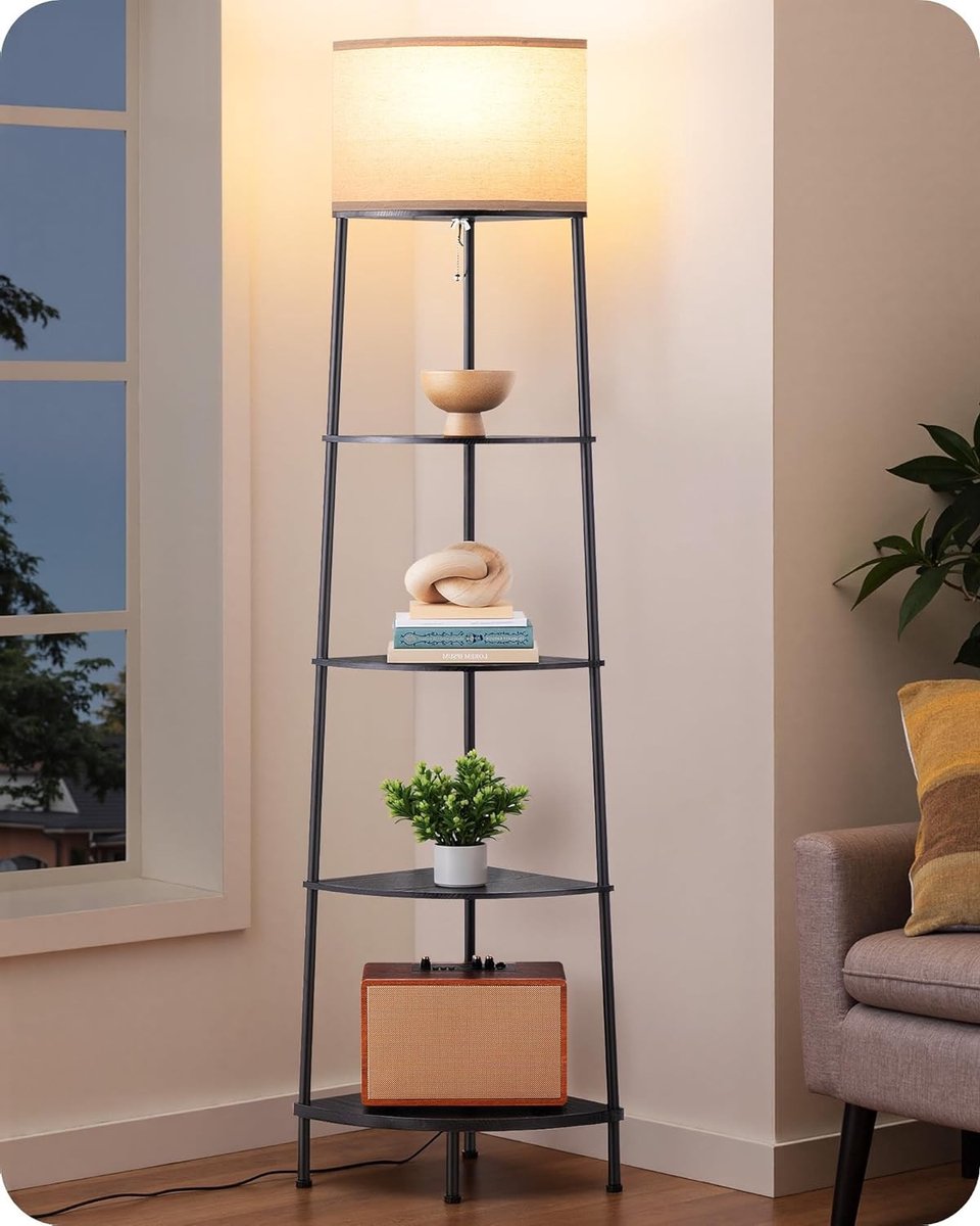 Stijlvolle Vloerlamp voor Woonkamer met Plank en Linnen Lampenkap, 2700K Warm Wit Licht, 1