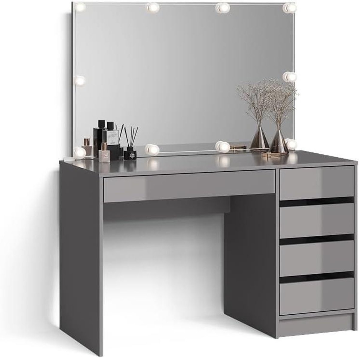 Kaptafel met licht - Cosmeticatafel met spiegel - Make-up aanbrengen - Veel opbergruimte - 120 cm breed - Grijs