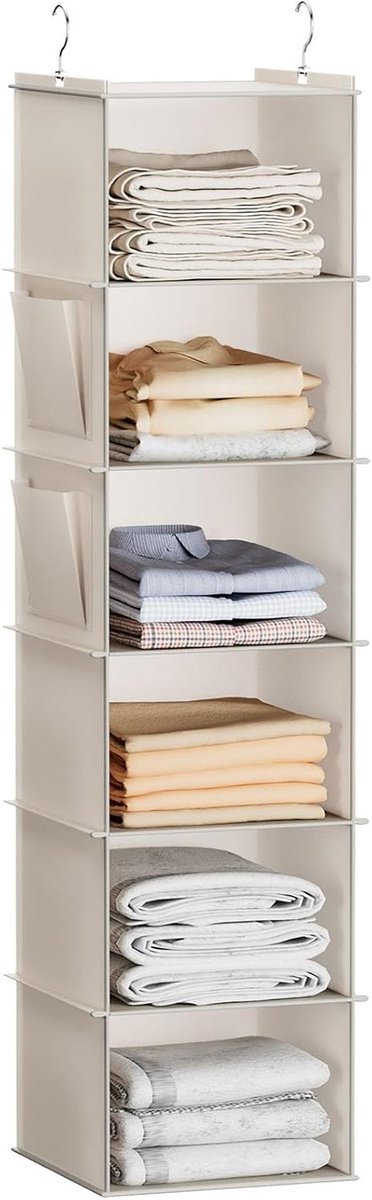 Hanging Closet Organizer met 6 Planken en Zijvakken, Beige Opbergoplossing voor Kleding en Accessoires