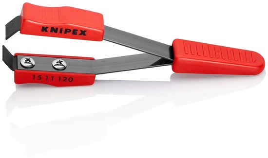 Knipex laktrekpincet met rode handvatten en grijze scharen. De tekst 'KNIPEX' en '15 11 120' zijn zichtbaar.