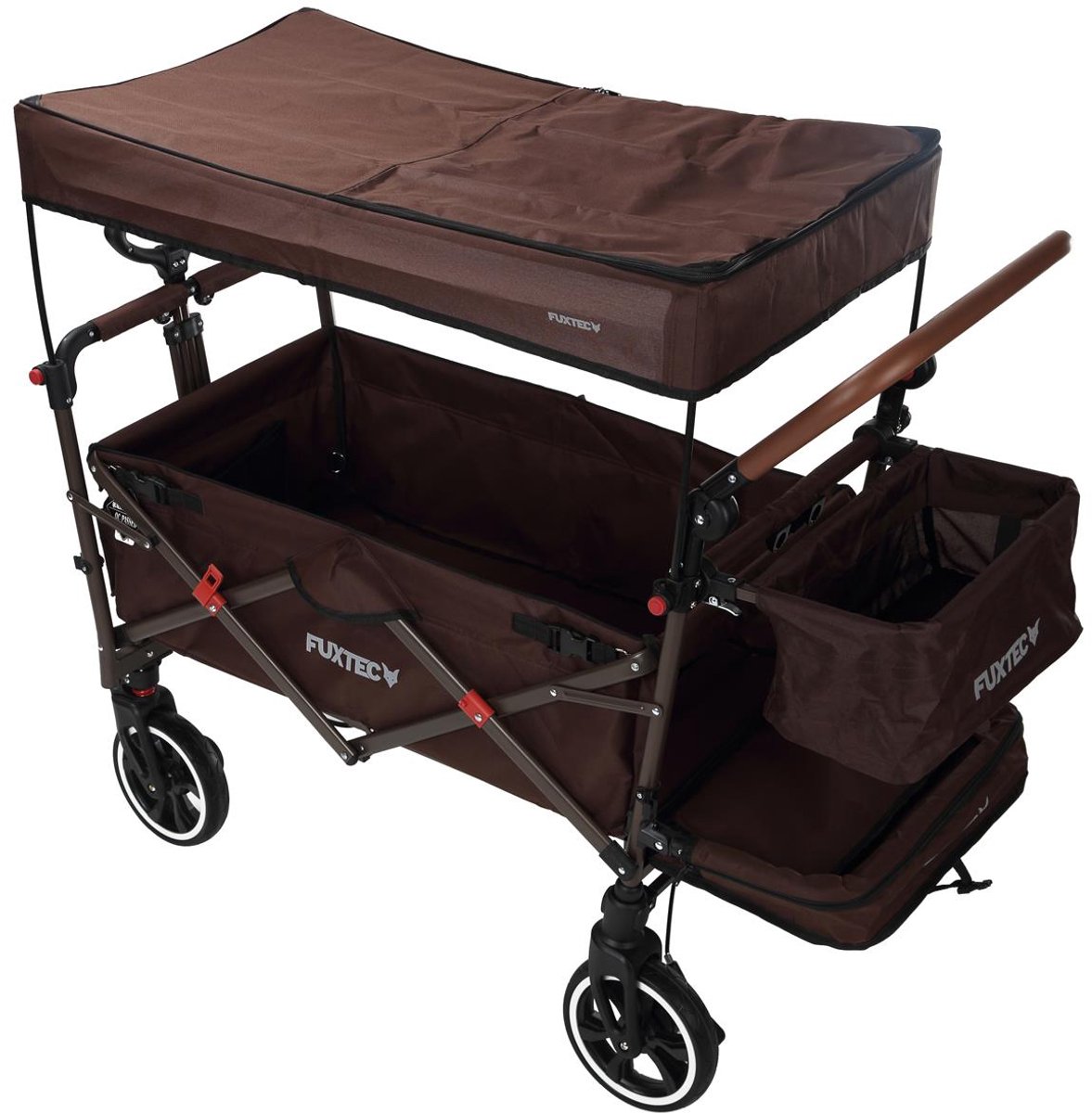 Bol.com FUXLIFE by FUXTEC CT850 Bolderkar Kinderwagen - Opvouwbaar - Bruin | Comfortabel & Veilig - Met Zonnedak & Handkar - Max... aanbieding