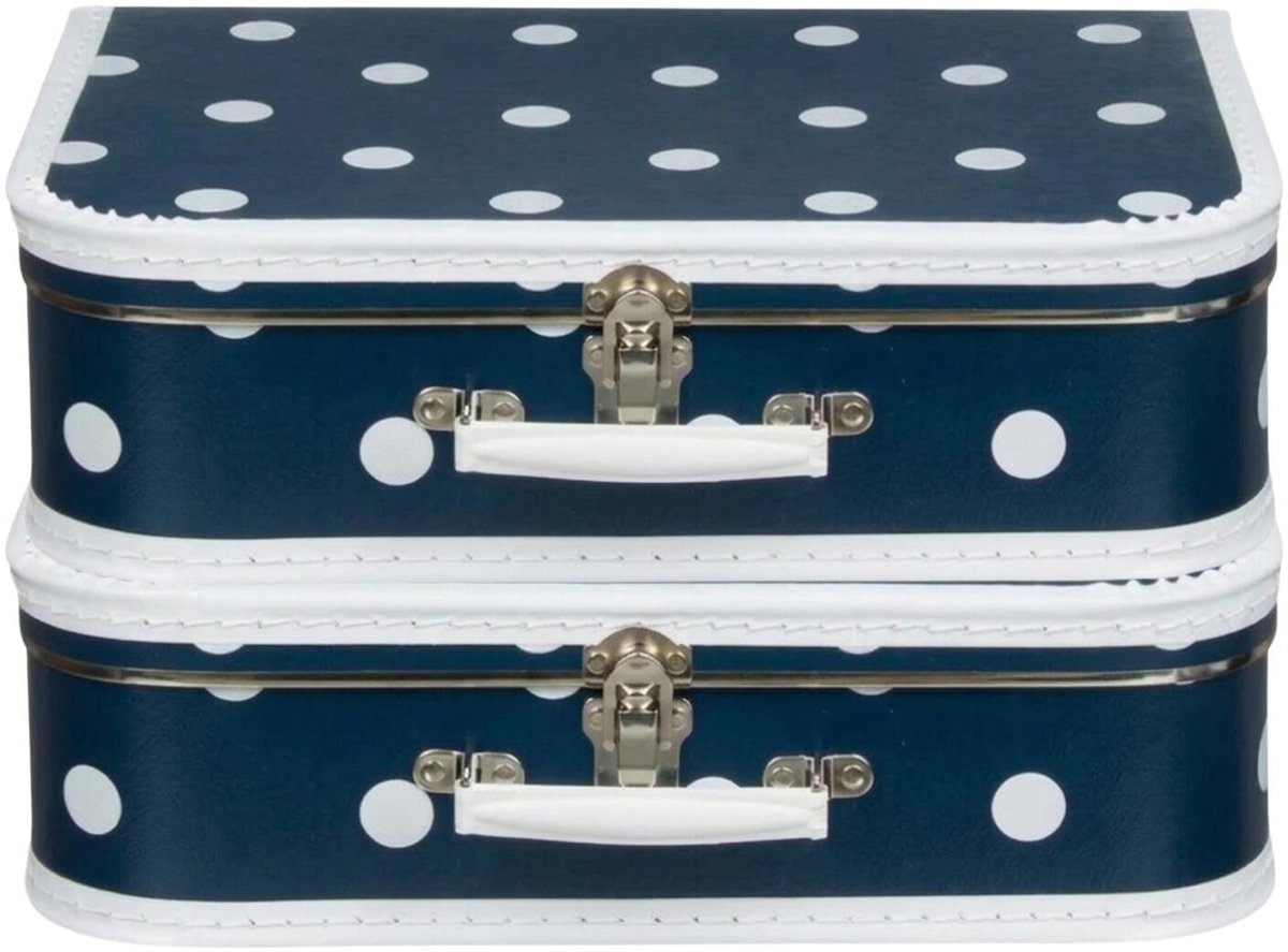 Kinderkamer opberkoffer polkadot - 2x - blauw / wit - 30 cm - karton - kinderkoffer - speelkoffer