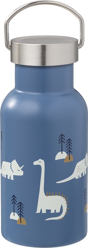Blauwe Fresk drinkfles met dinosaurusprint en zilverkleurige draaidop met lus.