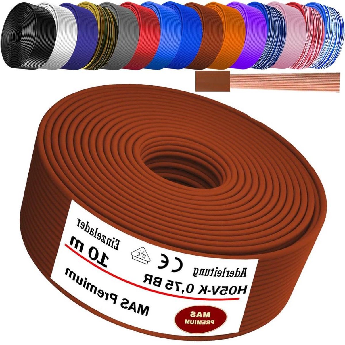Aderkabel H05 V-K - Elektrische draad Flexibele kabel - Apparaten bedraden - Meerdere fijne koperaderen - 075 mm² - Bruin