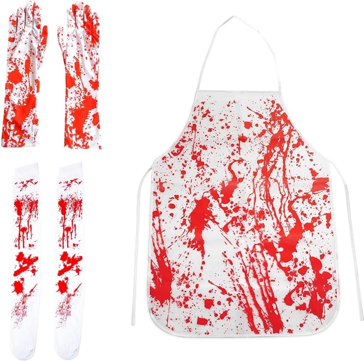 Bloedige handschoenen, sokken en schort voor Halloween-feesten, horror rollenspellen en griezelige kostuums