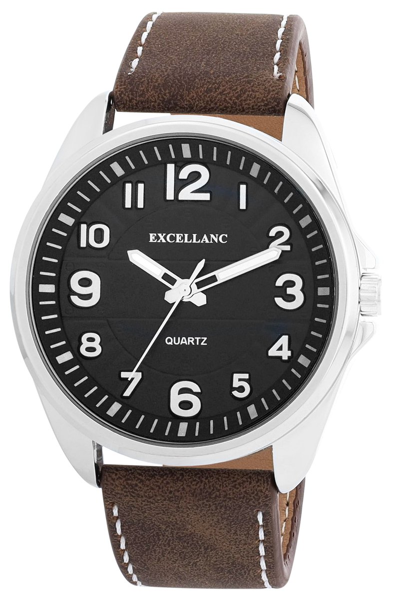 EXCELLANC- Herenhorloge -imitatieleer-model 2900283 -groot herenhorloge diameter 48 mm-zilverkleurig-zwarte duidelijke wijzerplaat