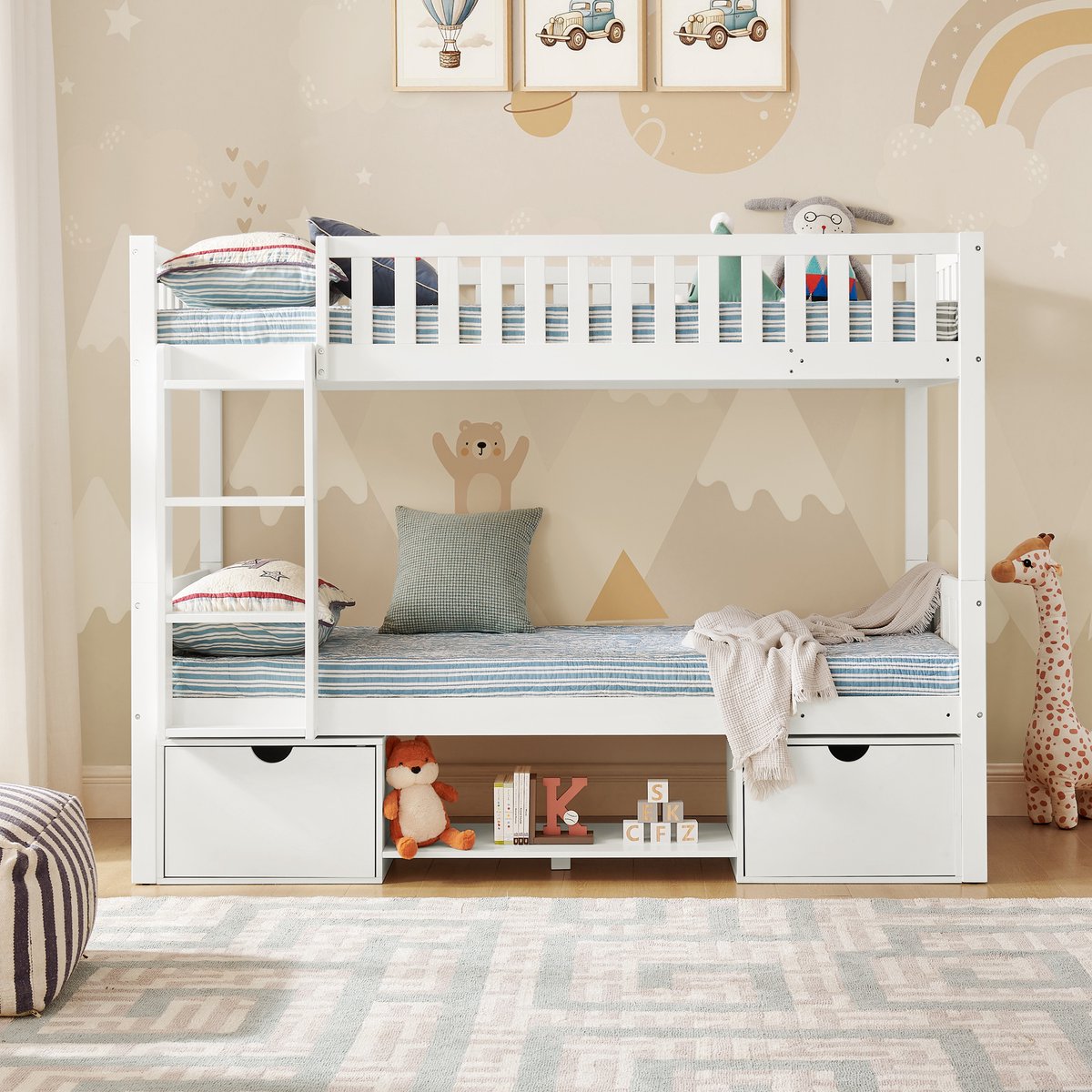 MIVRAY Stapelbed 90x200 Cm - Kinderbed Met Veiligheidshekken En Opberglades - Splitsbaar In 2 Eenpersoonsbedden - Zonder Matras - Grenenhout - Wit