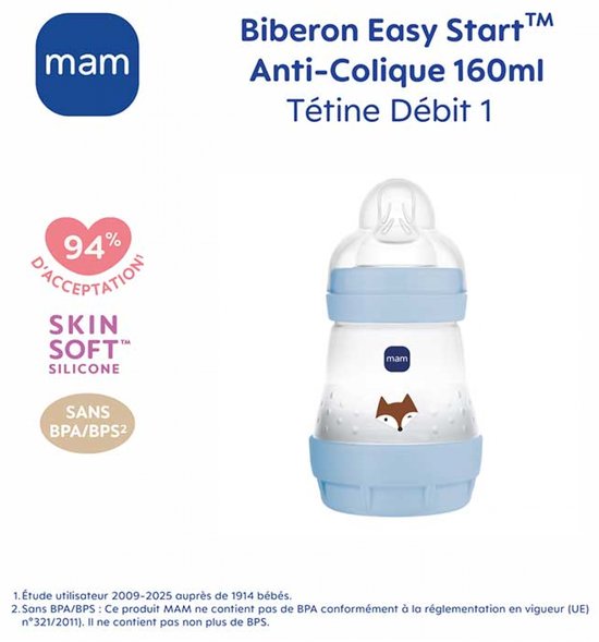 MAM Zuigfles Easy Start 160 ml 0 Maanden en + Langzame Toevoer 1 (Kleur : Blauwe Vos) — afbeelding 4