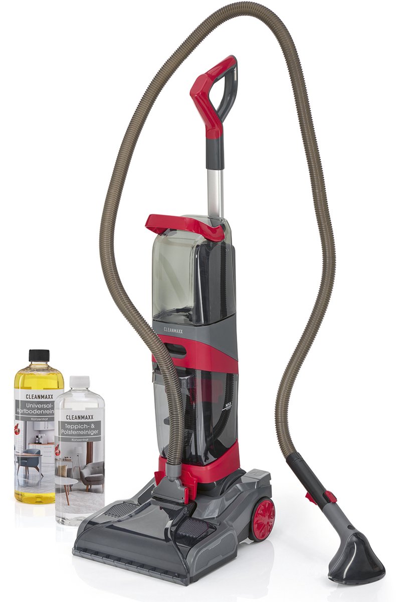 CLEANmaxx AquaStream Plus Duo Tapijtreiniger, 3-in-1 vloerreiniger voor tapijt, harde vloeren en als kussenreiniger, hete lucht natzuiger met XXL-accessoireset incl. dubbele tank, wielen, sproeiers en