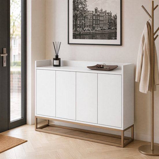 Wit dressoir 120x30x80cm, 4 deuren, verstelbare legplanken en metaal onderstel