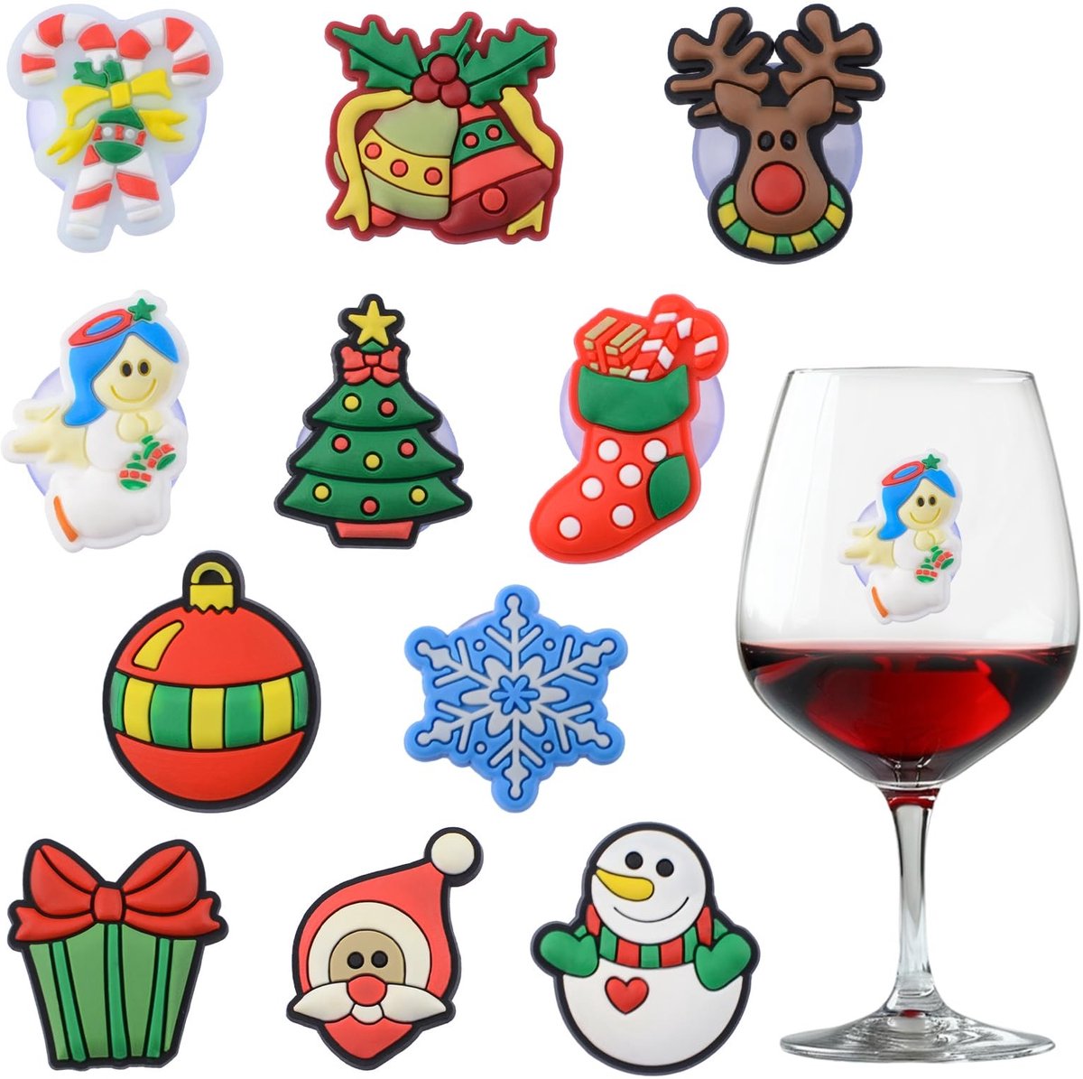 Dailygoods - 11 Stuks Kerst Wijnglas Bedels met Zuignap