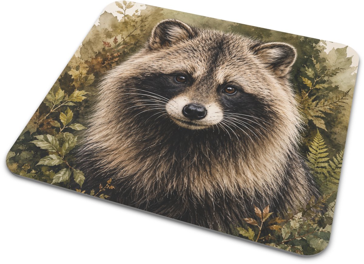 Muismat met wasbeerhond aquarel illustratie - raccoon dog portret met donker masker, zachte vacht en bosgroene natuurstijl voor bureau