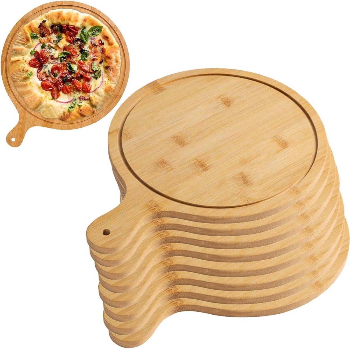 Pizza Serveerplank - Houten Dienblad - Pizza Bakken - Met Handgrepen - 8 Stuks - Lichtbruin