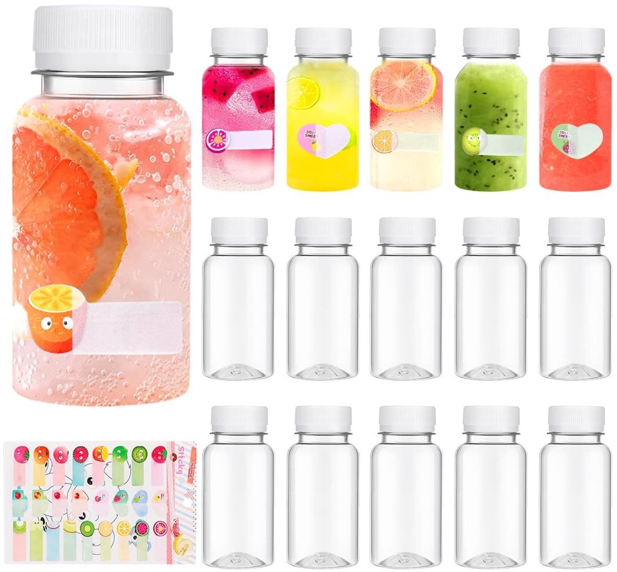 BRENZOOS- Sapflessen 15 Stuks - 100 ml - Herbruikbaar PET - Plastic met Deksel - Mini Flessen met Stickers - Veilig en Duurzaam - Drankflessen