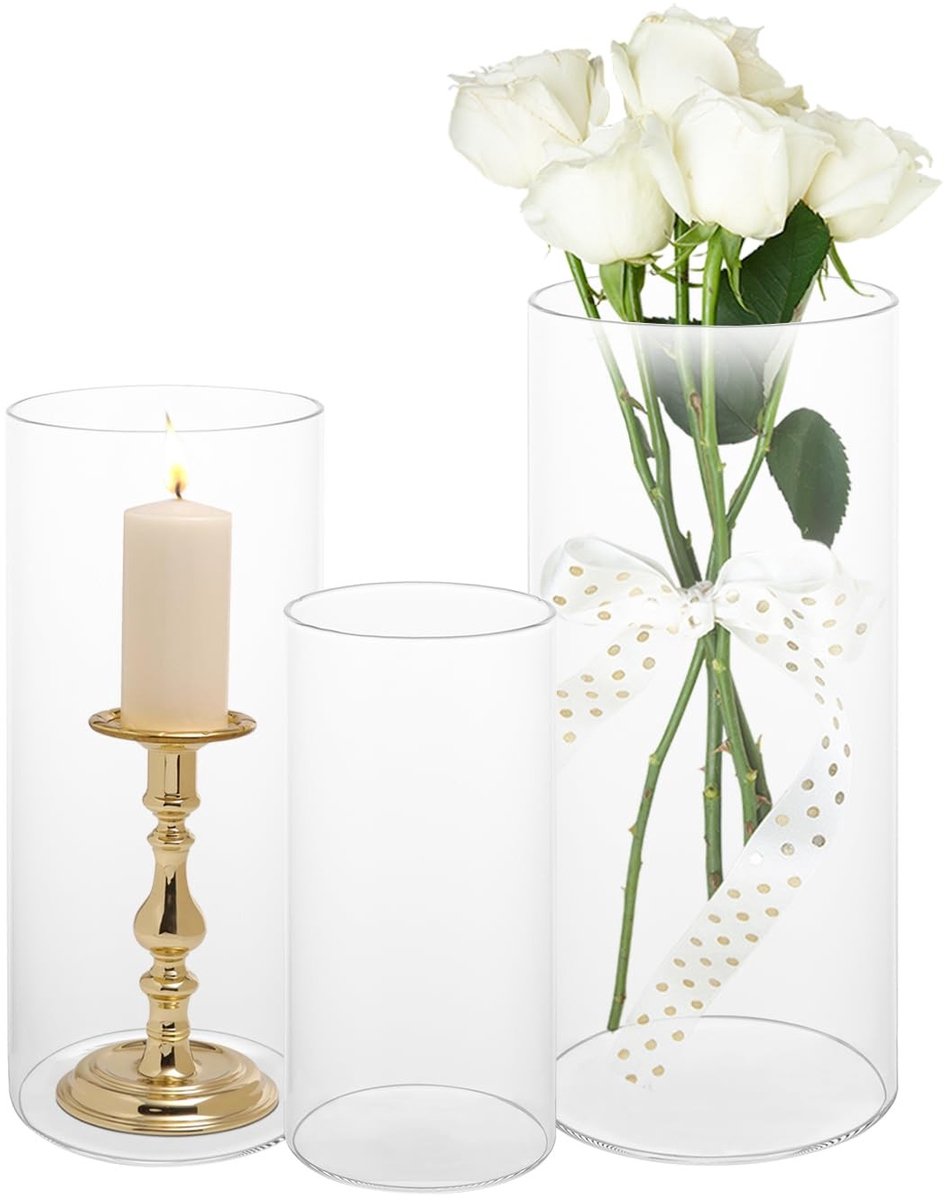 JHUBERS- Glazen Vaas Set van 3 - Transparante Zylindervazen - Hoogte 15/20/25 cm - Decoratieve Vazen voor Bloemen - Temperatuurbestendig Glas - Bloemenvazen