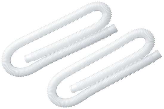 Twee witte, flexibele, geribbelde slangen van 1 meter lengte, met witte connectoren.