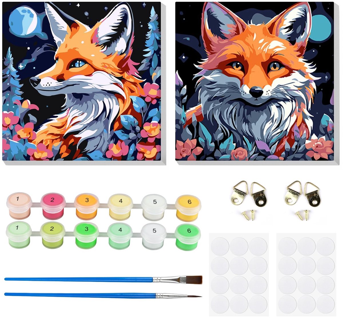 JHUBERS- Verf op Nummer - 2 Stuks Vossen - Dierendoe-Het-Zelf - Canvas 8x8 Inch - Beginners/Volwassenen - Wanddecoratie - Schilderkit