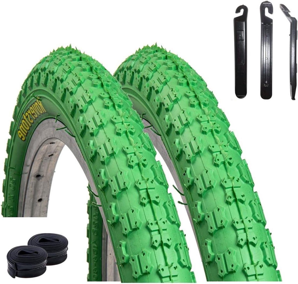 Fietsbanden Set - Banden Binnenbanden - Veilig Fietsen - Inclusief Bandenlichter - 20 Inch - Groen