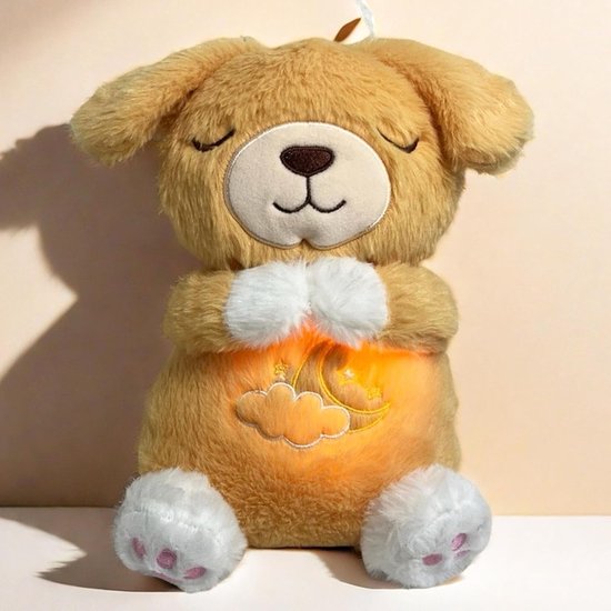 Ademend Knuffeldier - Rustgevende Pluche - Slaap Gemoedelijk - Licht en Geluid - 30x25x16 cm - Geel — afbeelding 3