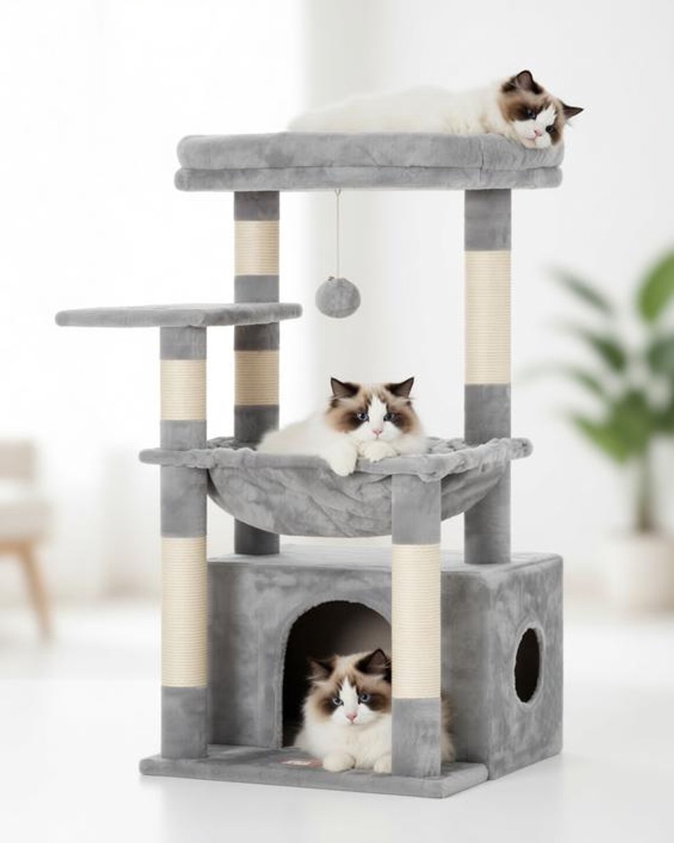 ElleMooi Kattenkrabboom met extra groot zacht kattenbed, ruim platform, verborgen slaapplek en sisal-krabpalen, inclusief plusbal - 80cm - Lichtgrijs