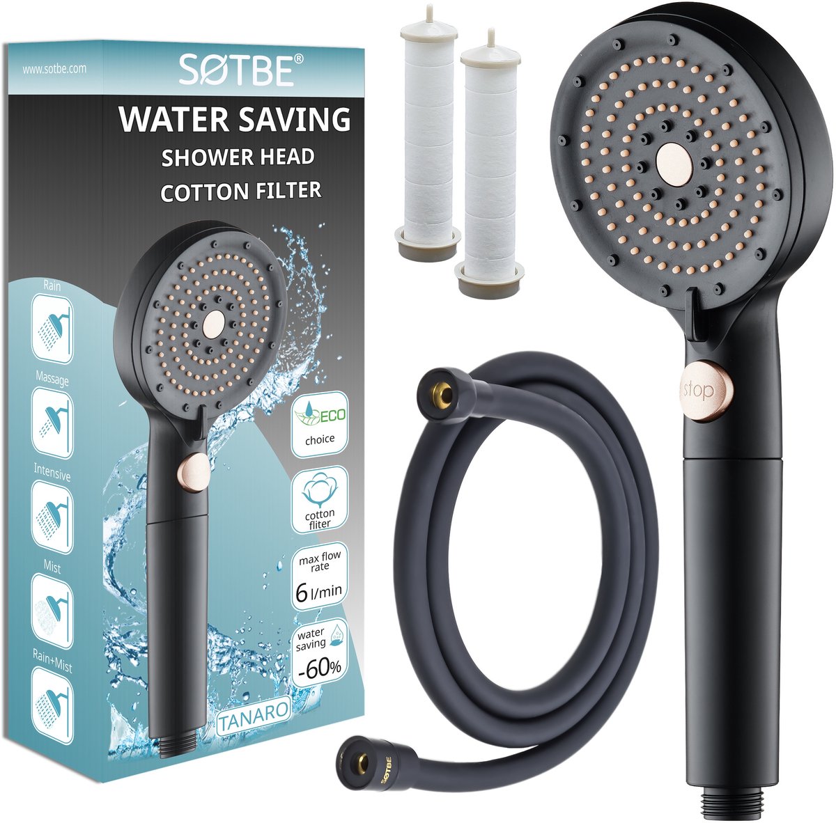 Douchekop Zwart met Filter & 150cm Slang - Waterbesparend