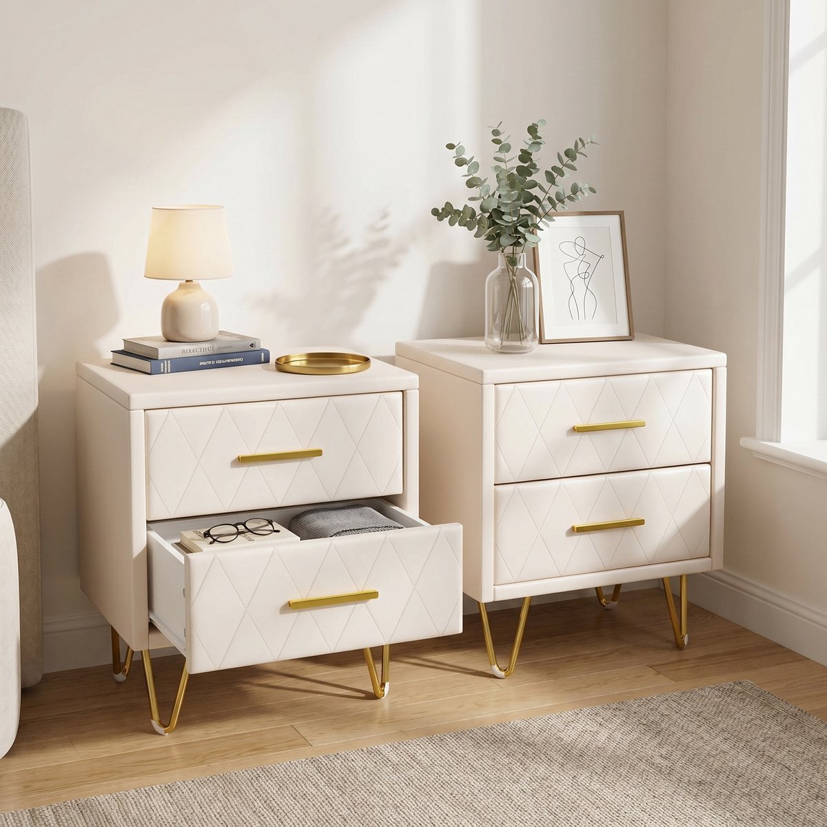 Nachtkastjes set van 2 - 41x35.5x51 cm - met 2 lades - PU-leer en gouden metalen poten - modern - Beige