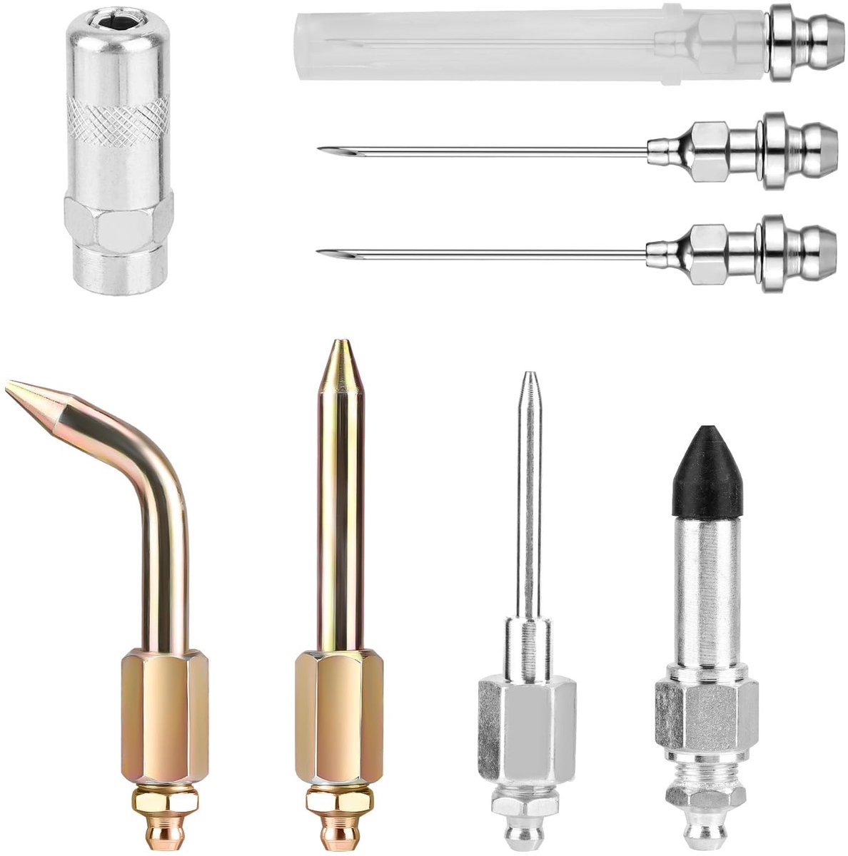 Dailygoods- Vetspuit Accessoireset 8-delig - Vetspuitmonden - Naalddispenser - Rubberverbinding - Elleboogconnector - Koolstofstaal - Vetpistoolaccessoires