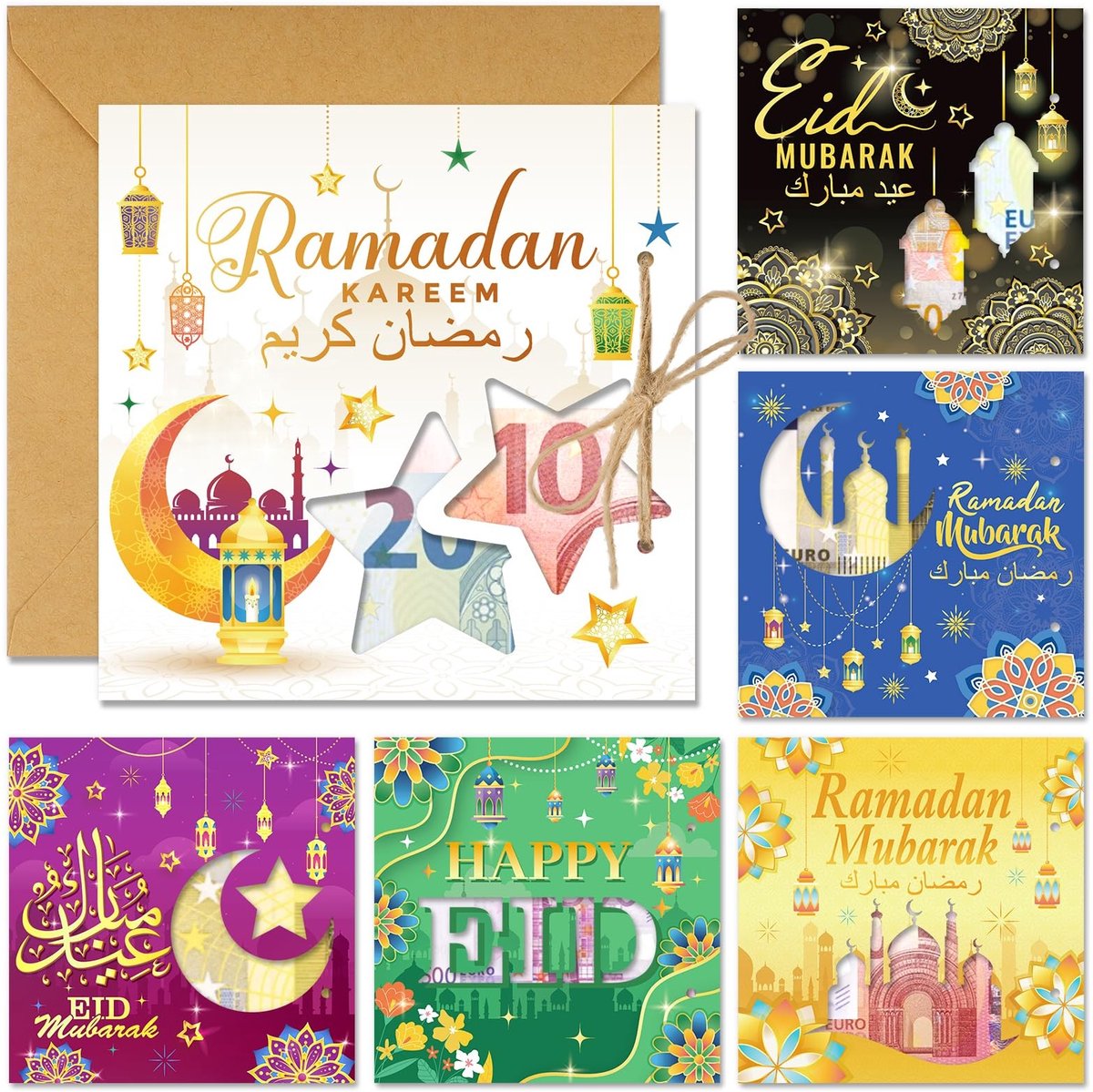 Dailygoods- Wenskaarten Set 6 Stuks - Wenskaarten Eid Mubarak - Wenskaarten Ramadan - Wenskaarten Geldcadeau - Wenskaarten Feestdagen - Cultureel Erfgoed - Geldkaarten