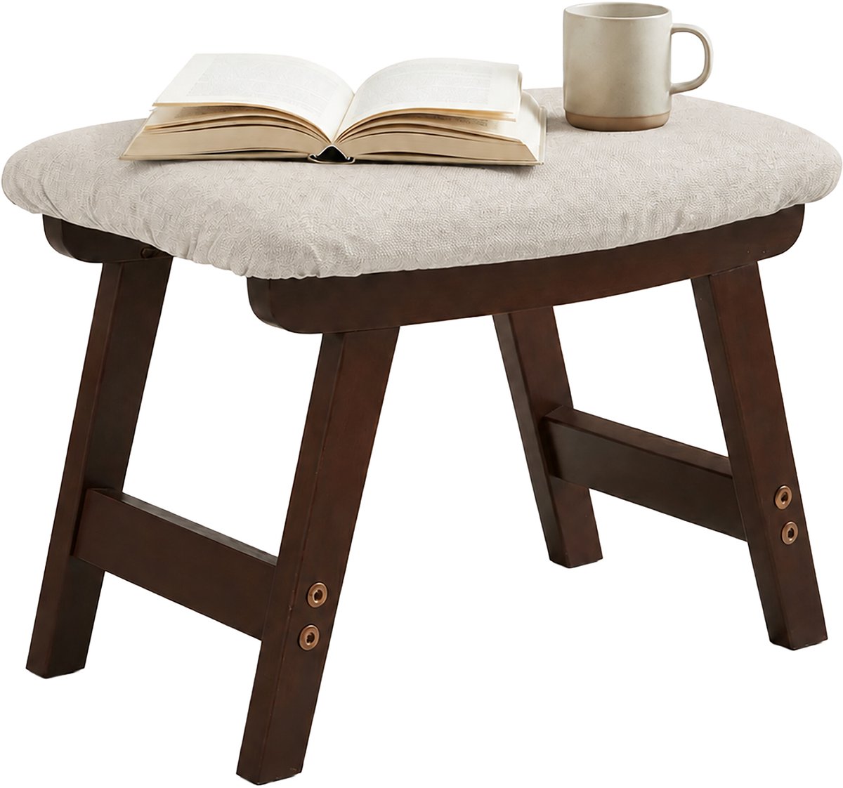 Voetenbankje - hout - 29 cm hoog - gestoffeerd - beige-bruin