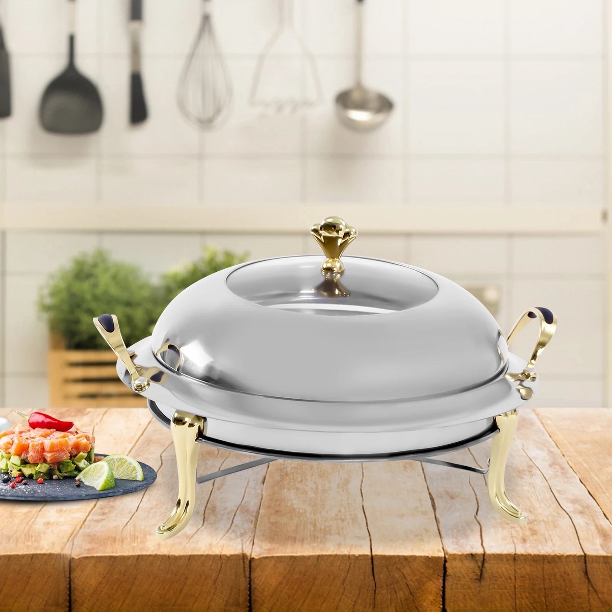 Dailygoods Chafing Dish, RVS Buffetwarmer 28cm Goud, Ronde Voedselwarmer met Handgrepen, Gemakkelijk te Reinigen voor Re