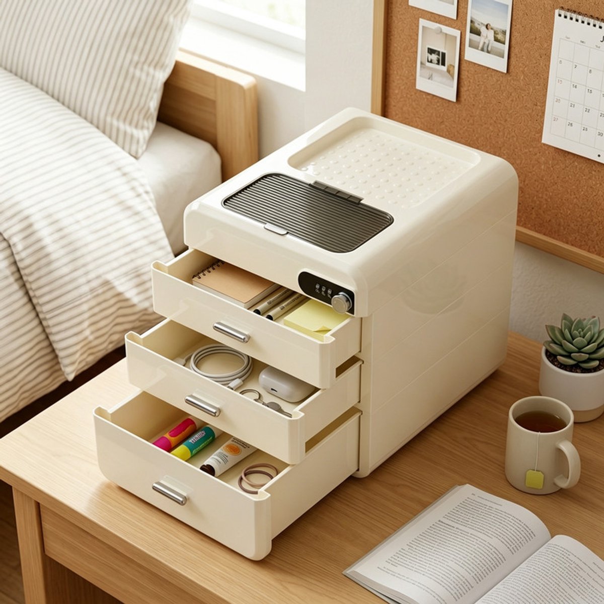 EGGREE Ladenkastje met cijferslot - Bureau-organizer met 3 laden + opbergvak aan de bovenzijde - Ideaal als medicijnkastje, voor documenten & waardevolle spullen - 32 × 26 × 31 cm
