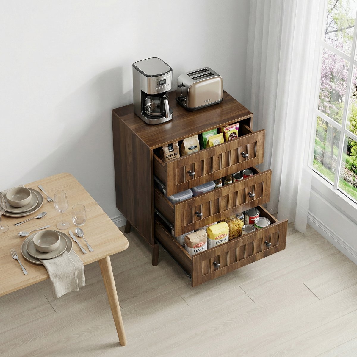 HAUSS SPOLE Ladekast - Drie Laden Met Geribbeld Frontdesign - Opbergkast Voor Slaapkamer En Hal - MDF - 60x40x79 Cm - Walnoot