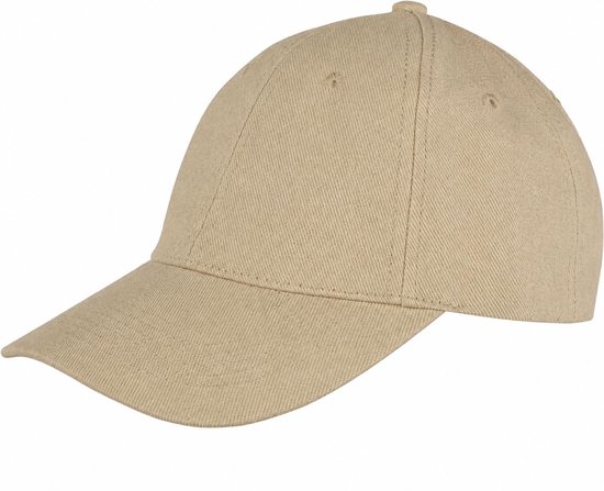 Een effen beige katoenen honkbalpet met 6 panelen en een gebogen klep.