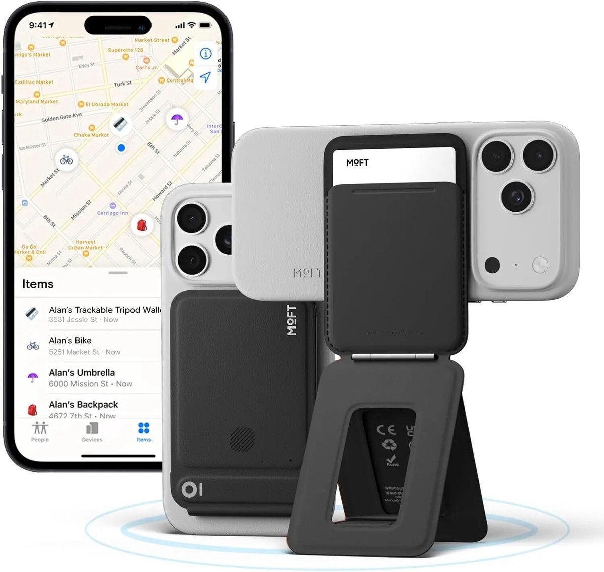 MOFT Tripod Wallet | Kaarthouder & Uitklapbare Standaard 20CM | Compatibel met MagSafe | met Zoek Mijn-App | MOVAS Vegan Leer | Magnetische Portemonnee 2 Pasjes | Zwart