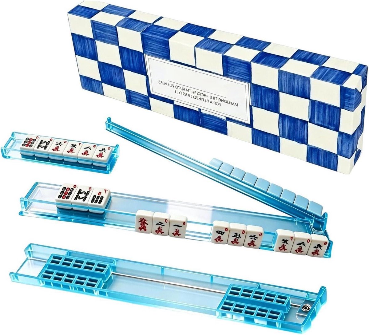Mahjong Set - Tegelspel - Gezellig Spelen - Magnetische Duwstang - 44 cm - Blauw
