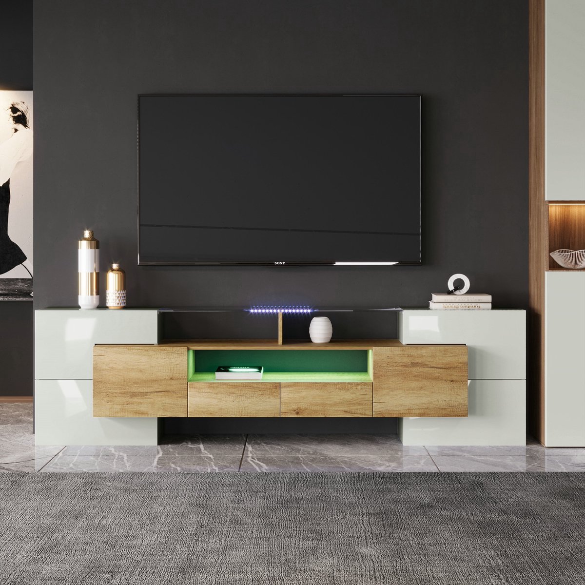 VVBV TV-meubel met Voor Woonkamer, Glasaccent - LED-Verlichting - Glas Wit