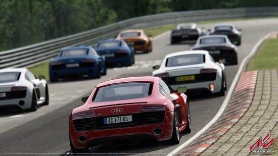 Groep Audi R8's in verschillende kleuren racet op een circuit.