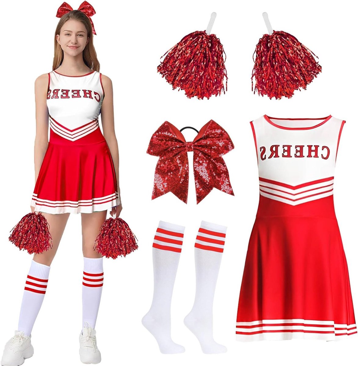 Vrouwelijk Cheerleader Kostuum met Pompoms, Sokken en Hoofdband voor Themafeesten en Carnaval Cosplay