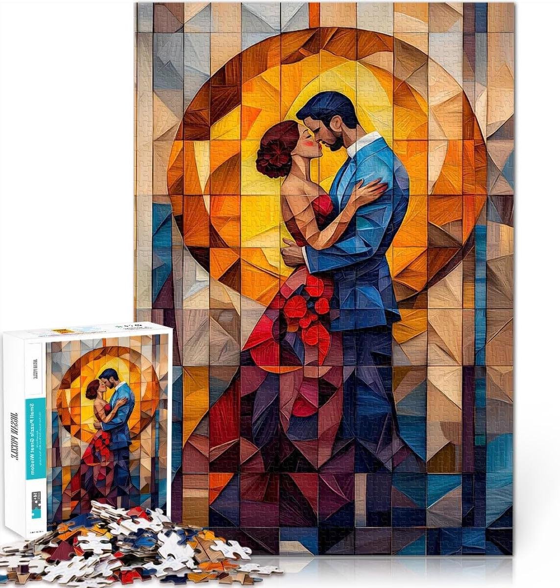 Puzzel met 1000 delen voor volwassenen, kunstwerk, mozaïek, glasschilderwerk, kus, familiespel voor en een kunstwerk, 52 x 38 cm