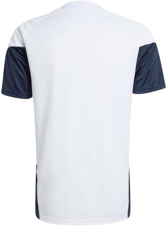 Achterkant van heren shirt, wit met donkerblauwe mouwen en zijkanten.