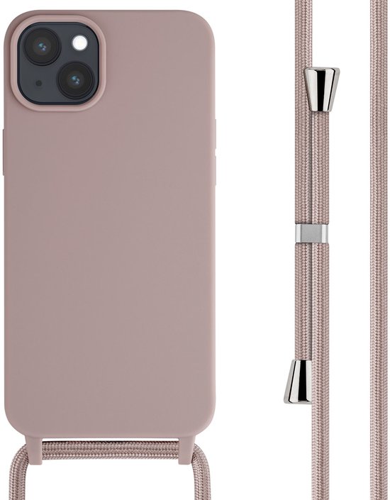 Une coque rose pour Apple iPhone 15 Plus avec un cordon réglable, détails argentés.