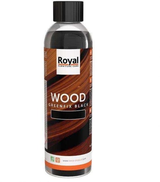 Royal Furniture Care Greenfix Black fles met zwart met houtmotief. "WOOD GREENFIX BLACK" tekst.